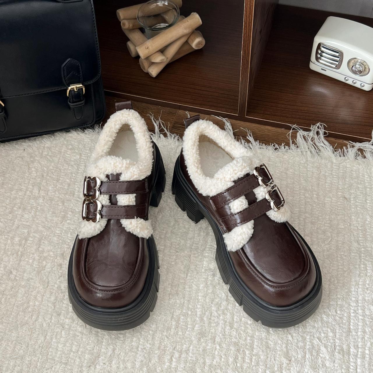 英伦风加绒乐福棉鞋女2024秋冬新款厚底粗跟复古毛毛玛丽珍小皮鞋