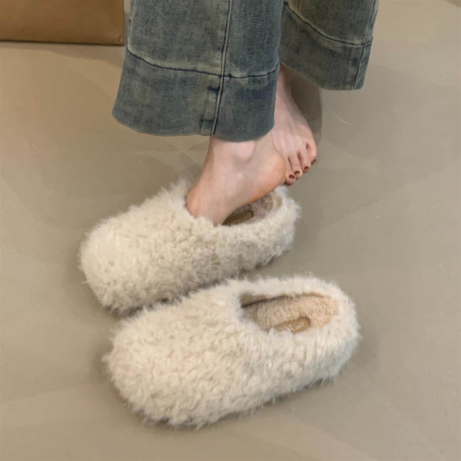 厚底6CM 小个子内增高温柔可爱羊卷毛保暖加绒一脚蹬穆勒棉拖鞋女,女鞋,毛毛鞋,淘宝优惠券,粉丝福利购,淘宝优惠卷