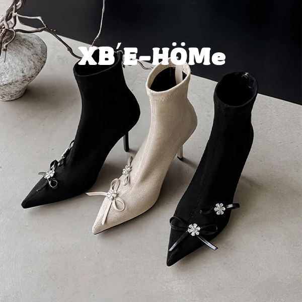牛反绒~法式蝴蝶结尖头高跟时装靴女春秋新款后拉链细跟瘦瘦靴,女鞋,时装靴,淘宝优惠券,粉丝福利购,淘宝优惠卷