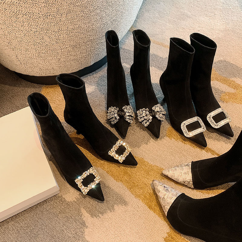法式尖头高跟瘦瘦靴女2024秋冬新款加绒水钻蝴蝶结细跟弹力袜子靴,女鞋,弹力靴/袜靴,淘宝优惠券,粉丝福利购,淘宝优惠卷