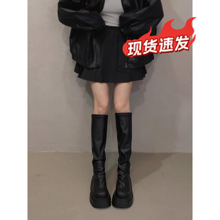 真皮靴子女款2024新款小个子长筒靴早秋季高筒骑士黑色中筒长靴