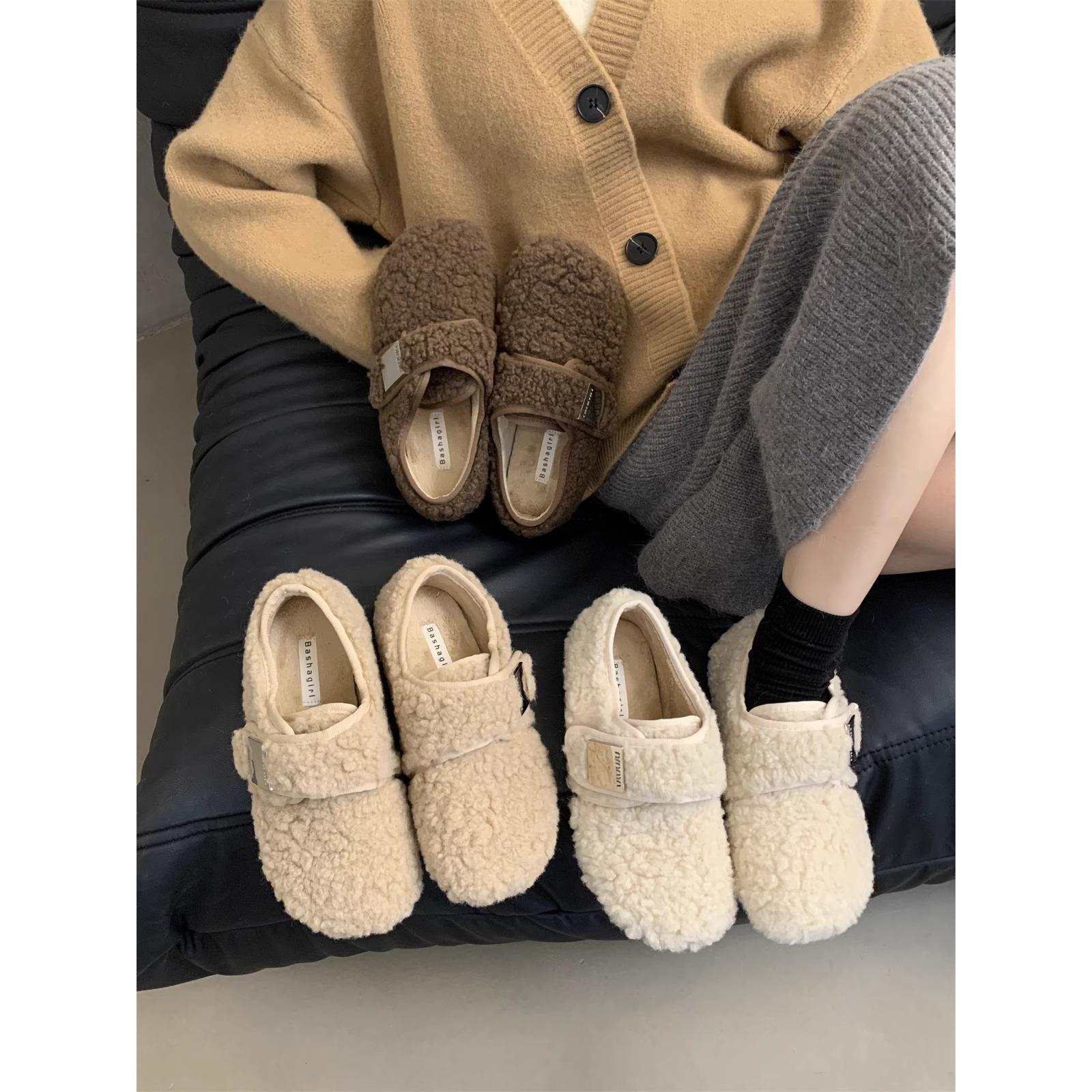 羊羔毛毛鞋女2025秋冬新款外穿复古魔术贴平底单鞋加绒勃肯豆豆鞋