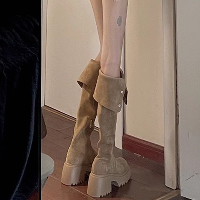 牛皮~过膝长筒靴棕色靴子女秋冬2024新款高跟长靴显瘦高筒骑行靴