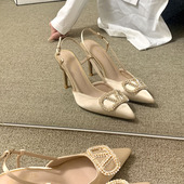 2023年新款 女气质名媛 斩男细跟尖头水钻一字带性感凉鞋 夏季 高跟鞋