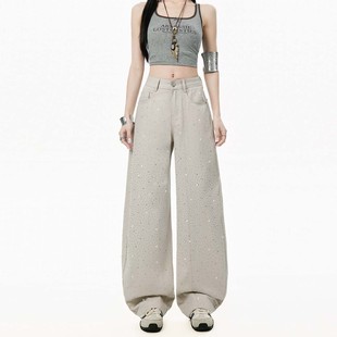 2026春季新款时尚潮流设计感烫钻阔腿牛仔裤女宽松显瘦百搭拖地裤