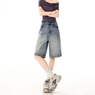 女百搭直筒宽松阔腿5五分裤 春夏季 复古做旧水洗牛仔中裤 美式 新款