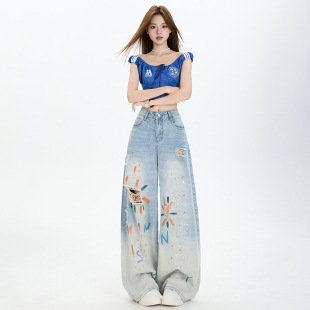 时尚个性潮流复古做旧破洞涂鸦彩绘牛仔裤女直筒宽松阔腿拖地裤子