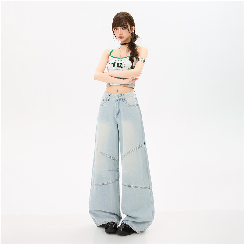 春夏款舒适透气轻薄天丝莱赛尔浅蓝牛仔裤女垂顺拼接挺阔宽松阔腿