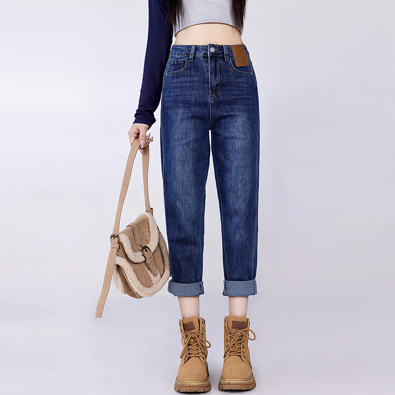 秋冬款哈伦牛仔裤女大码胖妹妹mm梨形身材高腰显瘦直筒弹力九分裤
