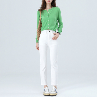 春秋新款白色烟管牛仔裤女直筒窄版弹力八分九分小个子高腰法棍裤