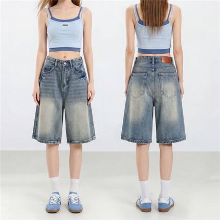 2026夏季宽松阔腿牛仔中裤女清凉五分牛仔裤休闲百搭垂感直筒短裤