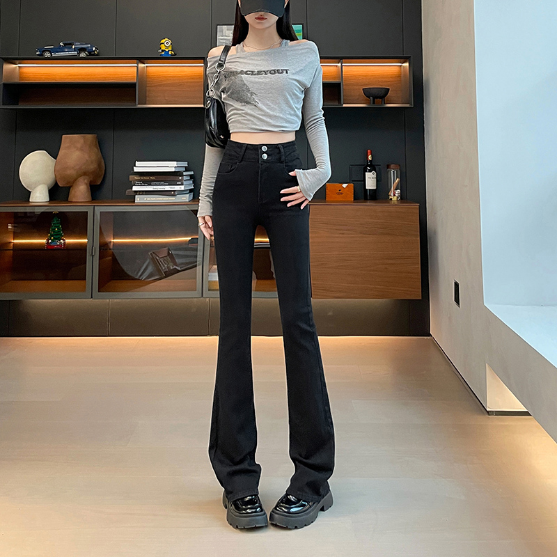秋冬款黑色排扣微喇叭牛仔裤女加绒保暖高腰显瘦弹力百搭小个九分