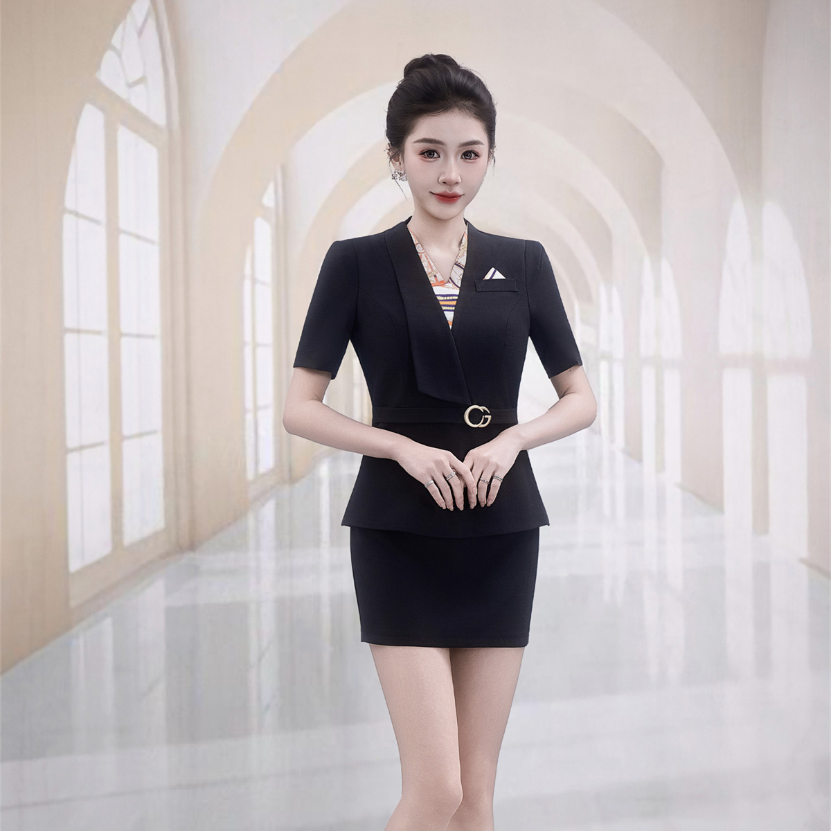 夜场KTV包厢公主黑色修身短袖V领酒店工作服女优雅风收腰制服套装