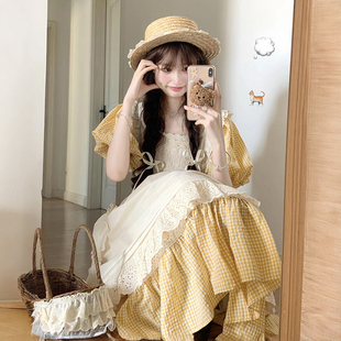 热爱森系田园风日常轻lo格纹洛丽塔Lolita连衣裙女套装 送蕾丝头巾