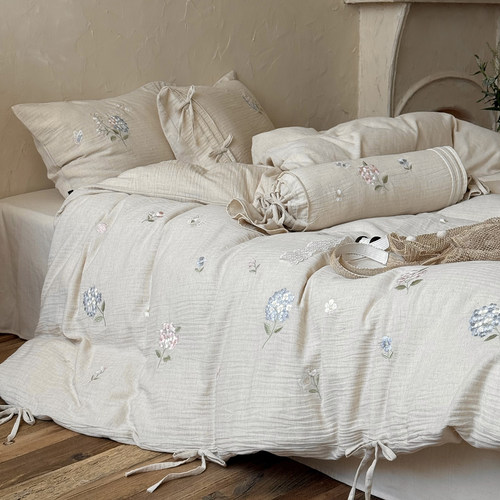 法式亚麻棉超柔四件套刺绣花卉