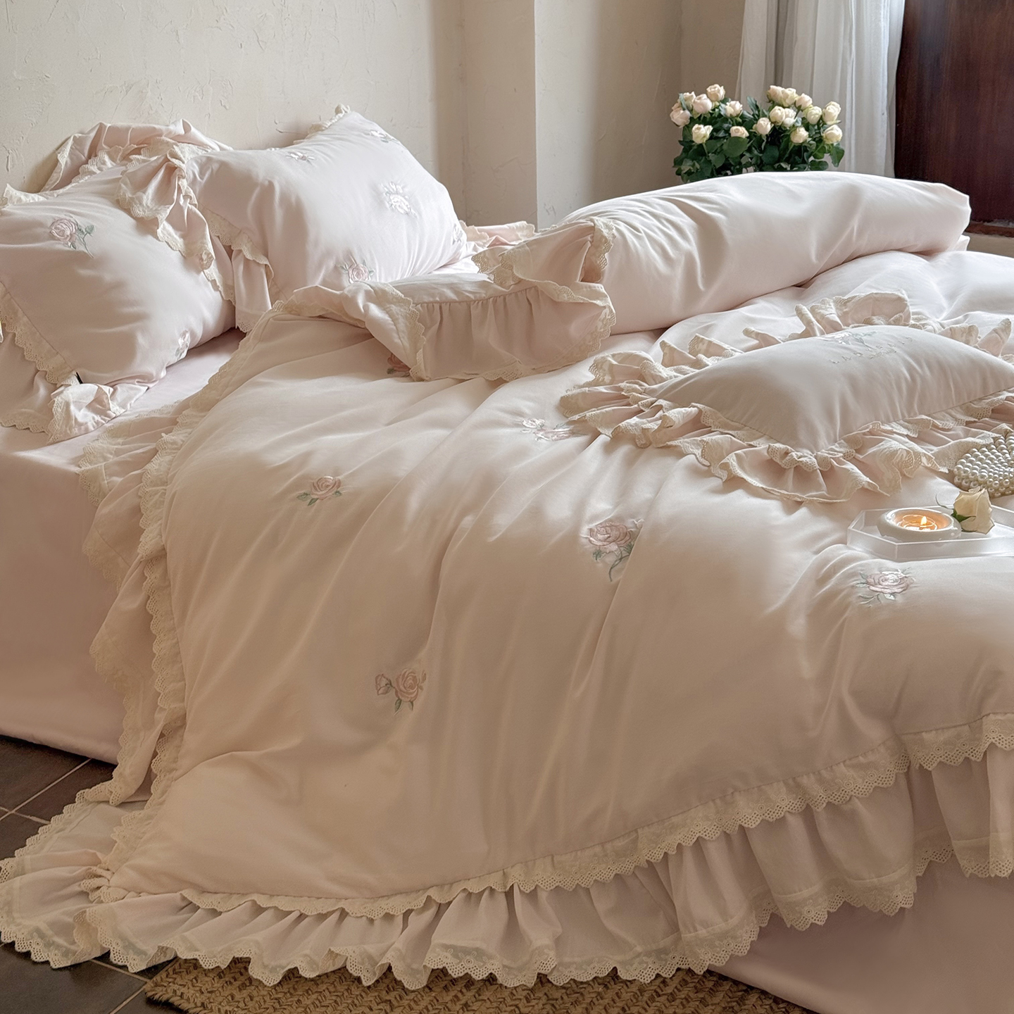 法式浪漫玫瑰刺绣全棉磨毛四件套