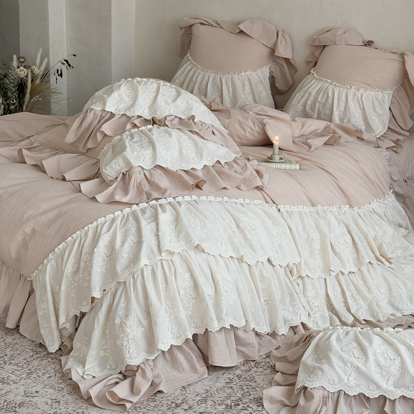 法式浪漫蝴蝶棉麻床上四件套床盖韩版花边少女心床单被套亚麻床品