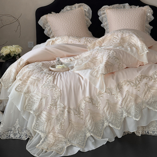 法式浪漫100S长绒棉四件套刺绣蕾丝花边被套纯棉全棉少女床品粉色