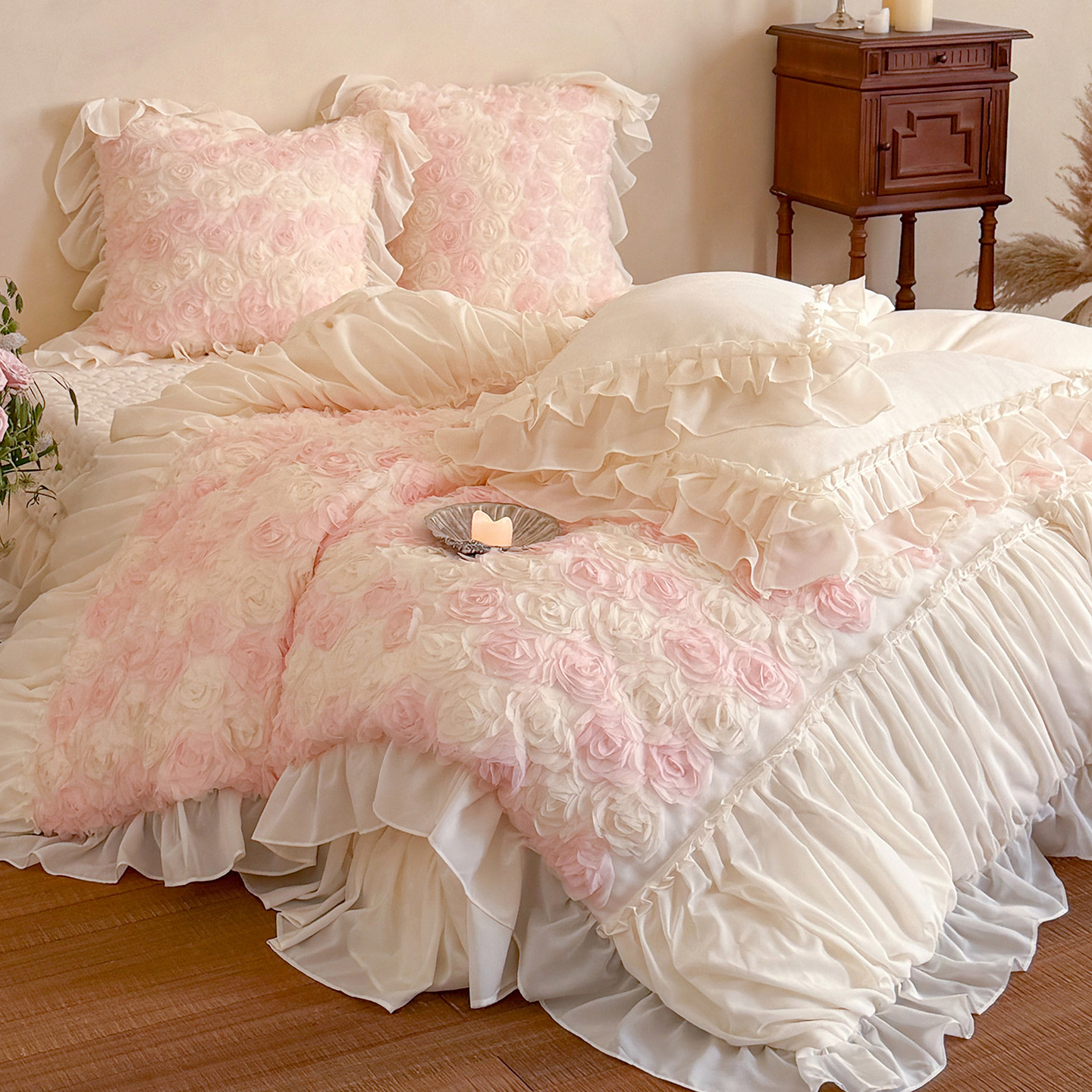 冬季保暖牛奶绒床上四件套梦幻公主风粉色玫瑰花加厚珊瑚绒床盖款