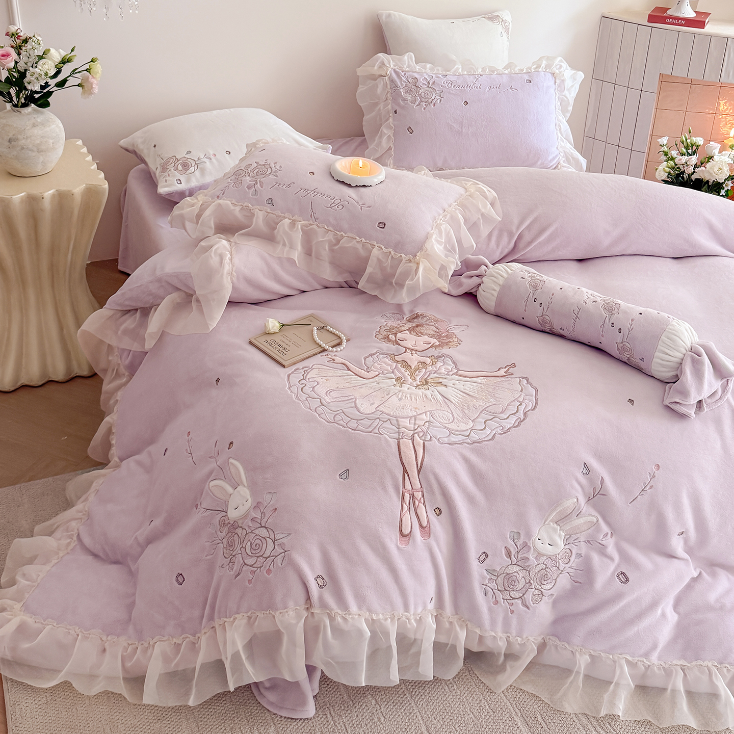 少女心芭蕾女孩公主牛奶绒四件套