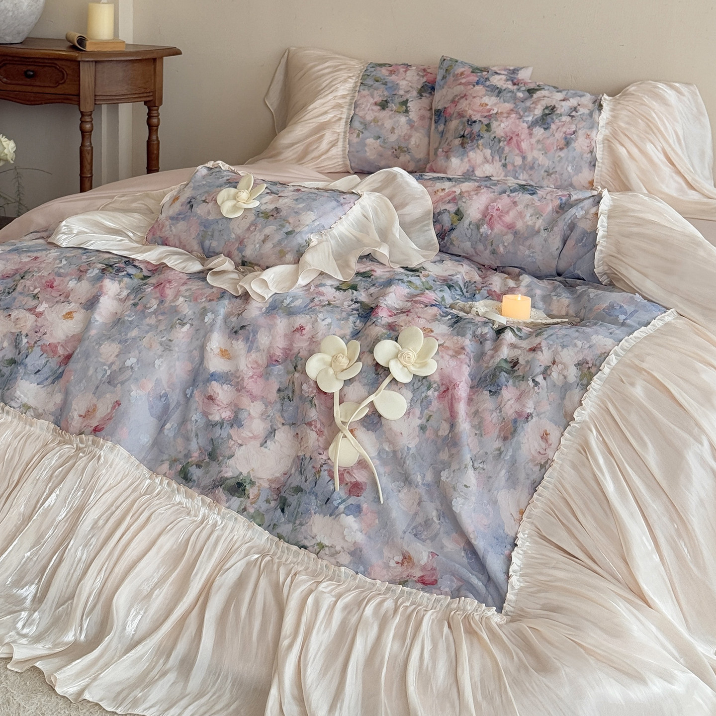 法式浪漫立体花朵全棉长绒棉四件套蕾丝边纯棉被套床裙款床品紫色