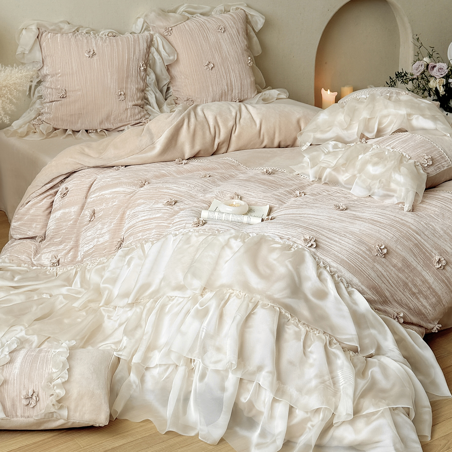 法式浪漫立体花朵牛奶绒四件套