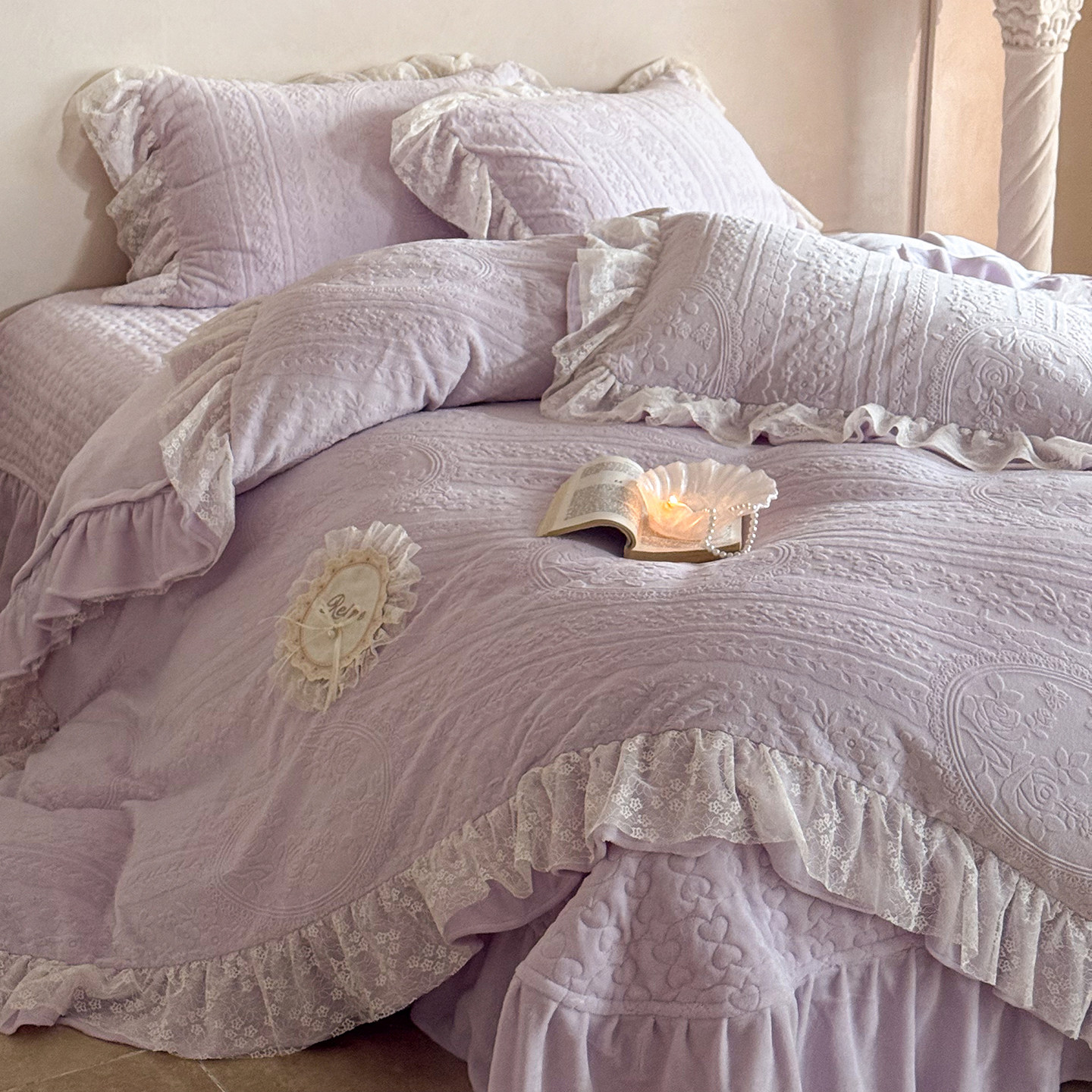 法式冬季雕花牛奶绒床盖四件套高级感蕾丝被套保暖加厚珊瑚绒床品,床上用品,床品套件/四件套/多件套,淘宝优惠券,粉丝福利购,淘宝优惠卷