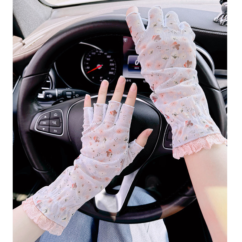轻薄透气网纱碎花手臂套遮阳蕾丝夏天女开车宽松防晒袖露指手套长