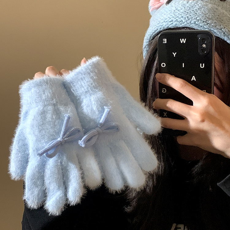 蝴蝶结蓝色针织毛线手套女2025年秋冬季加厚保暖防寒学生户外骑行