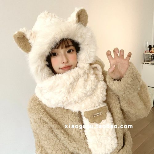 刺绣云朵毛绒可爱小耳朵帽子围巾