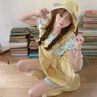 日系可爱甜美格纹童趣背带背带裤 搭配少女夏季 新款 两件上衣套装