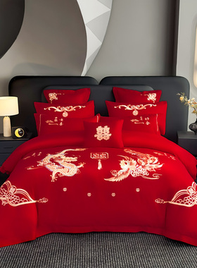 新款红色喜庆龙纹中式婚庆用品龙凤刺绣工艺全棉婚庆四件套系列