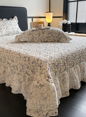 2025新款单品法式蕾丝夹棉印花花边款床盖三件套小碎花套装