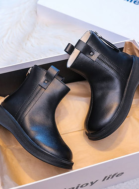 黑色加绒女童短靴真皮2025冬新款短筒儿童棉靴软底马丁靴学生皮靴