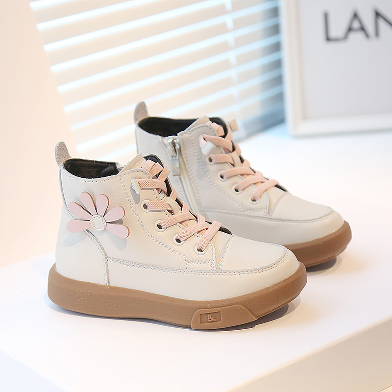 真皮儿童小白鞋高帮休闲鞋2021秋冬新款加绒棉鞋女童短靴皮靴时尚