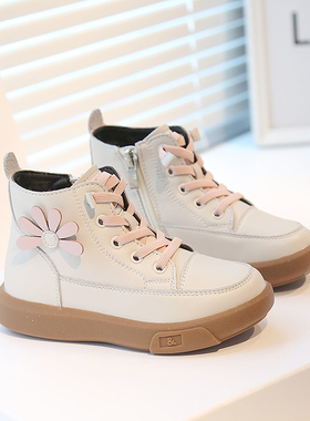 真皮儿童加绒鞋小白鞋高帮休闲鞋2025秋冬二棉鞋女童短靴皮靴保暖