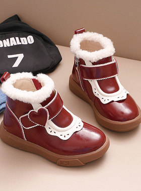 加绒真皮女童公主靴儿童皮靴2025冬新款二棉小童国风红色儿童短靴
