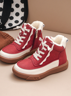 红色加绒女童短靴2025冬新款真皮儿童皮靴短筒中大童高帮休闲棉鞋
