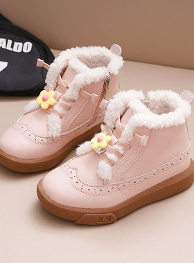 加厚绒真皮女童短靴公主鞋2025冬新款花朵大棉短筒儿童皮靴棉鞋