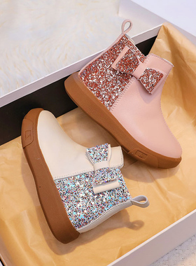 蝴蝶结亮片公主风女童短靴真皮 2025秋冬短筒加绒儿童皮靴二棉鞋