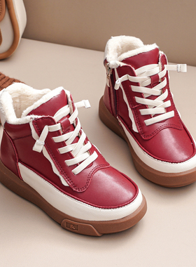 高帮加绒女童短靴2025冬新款真皮红色儿童皮靴短筒中大童休闲棉鞋