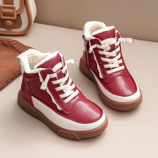 高帮加绒女童短靴2025冬新款真皮红色儿童皮靴短筒中大童休闲棉鞋