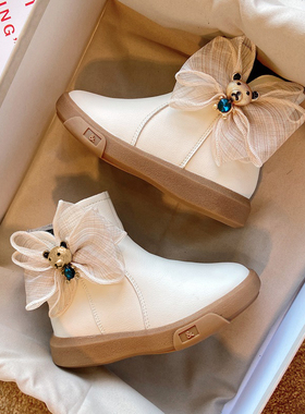 真皮女童短靴加绒2025蝴蝶结公主靴儿童棉鞋小童皮靴子保暖宝宝