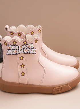 国风蝴蝶结女童短靴真皮加绒儿童棉靴2025冬新款平底短筒公主鞋