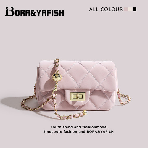 链条包包女粉色小金球菱格包