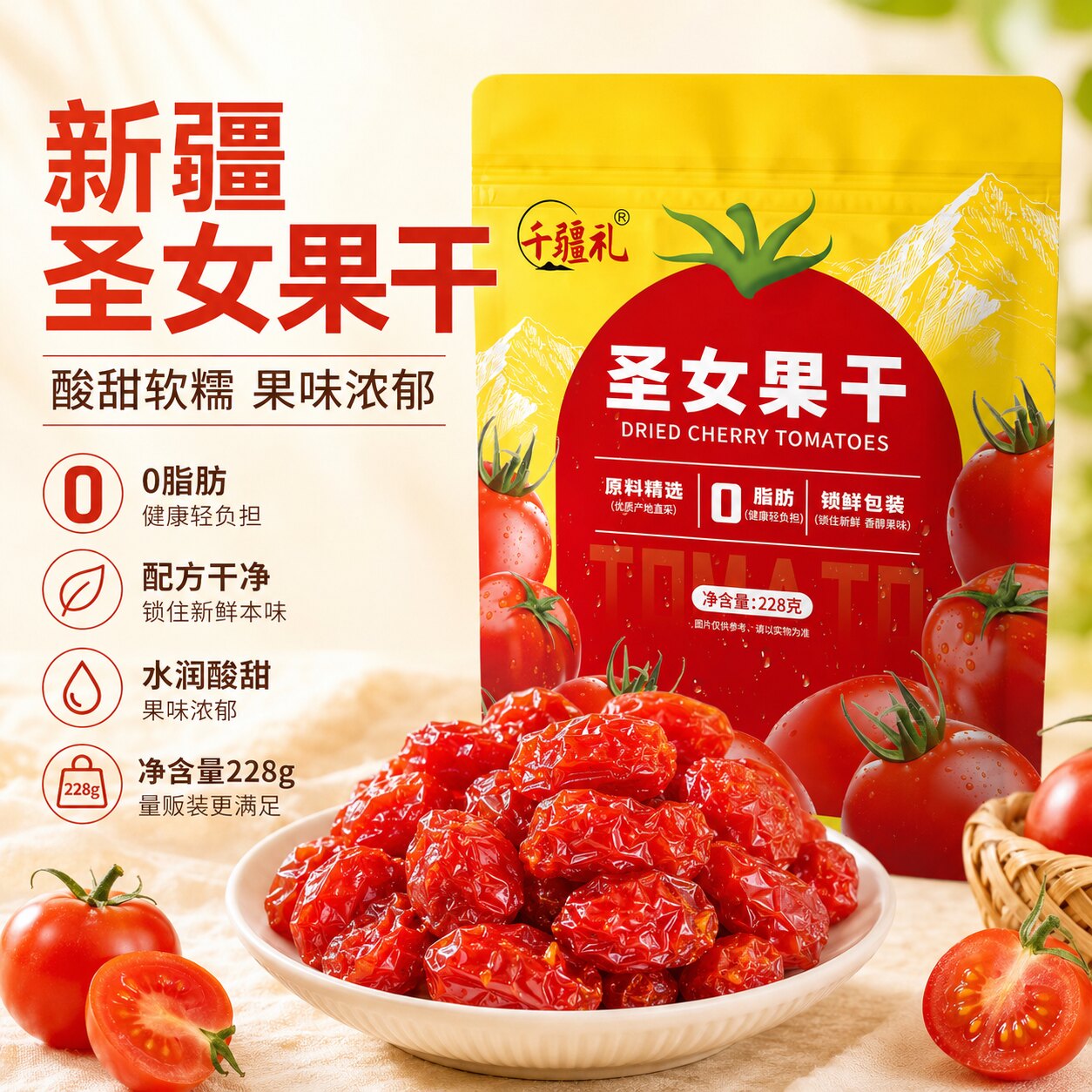 新疆千禧果圣女果干小西红柿番茄干酸甜蜜饯新鲜果脯水果零食包装