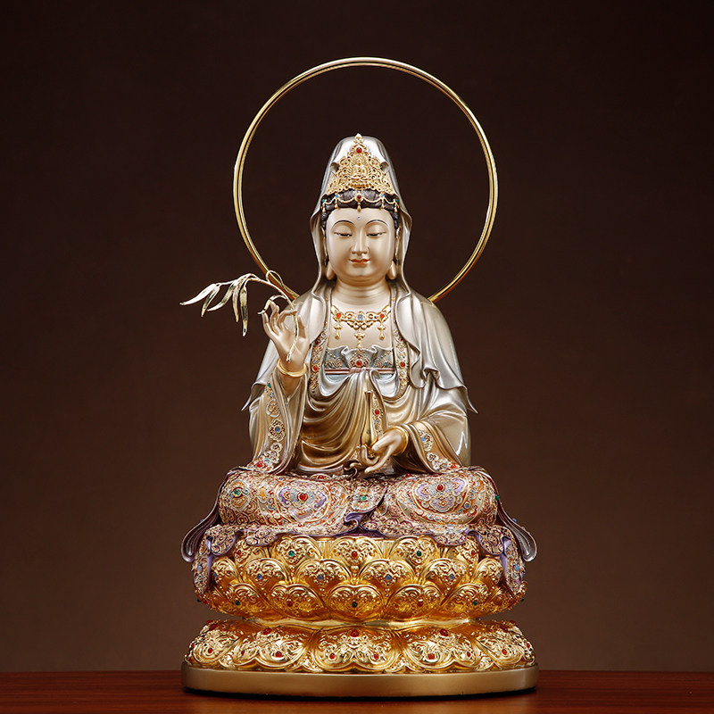台湾纯铜观音菩萨佛像家用供奉掐丝珐琅镶宝圆满宝相观音铜像摆件
