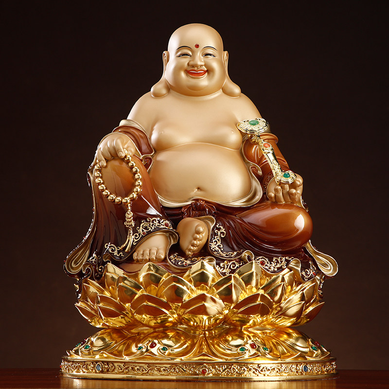 台湾纯铜弥勒佛像家用供奉琉晶彩弥勒佛大肚开心笑佛像铜像摆件