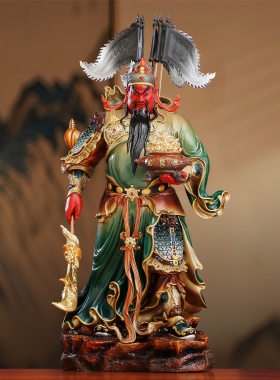 纯铜彩绘带旗关公神像关二爷像