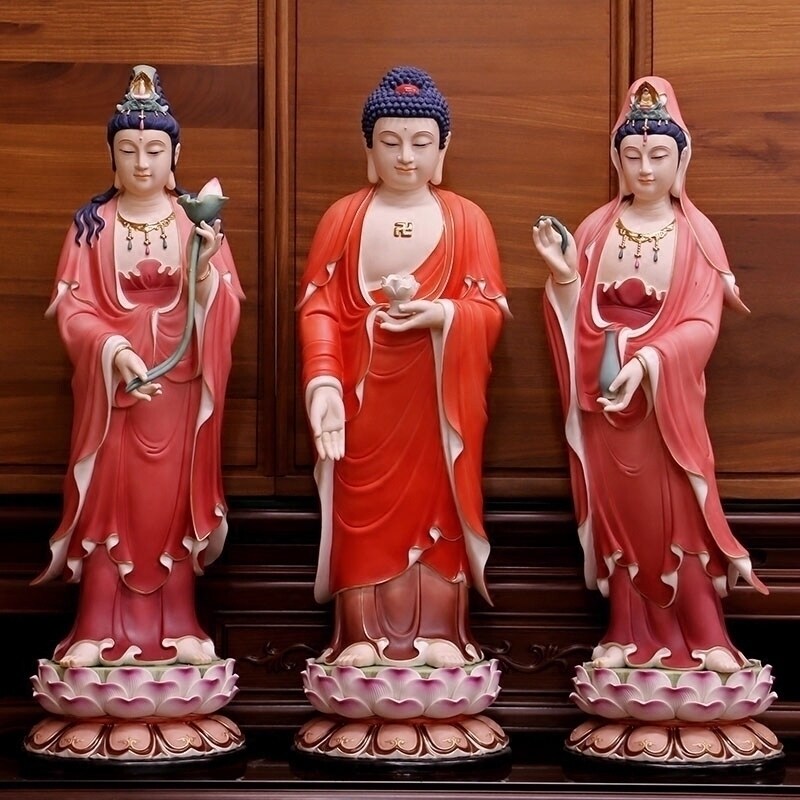圆通佛具德化陶瓷立莲西方三圣佛像家用供奉手工彩绘白瓷佛堂摆件